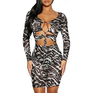 Naked Wardrobe Zebra Print Long Sleeve Mesh Cutout Mini Dress-XS